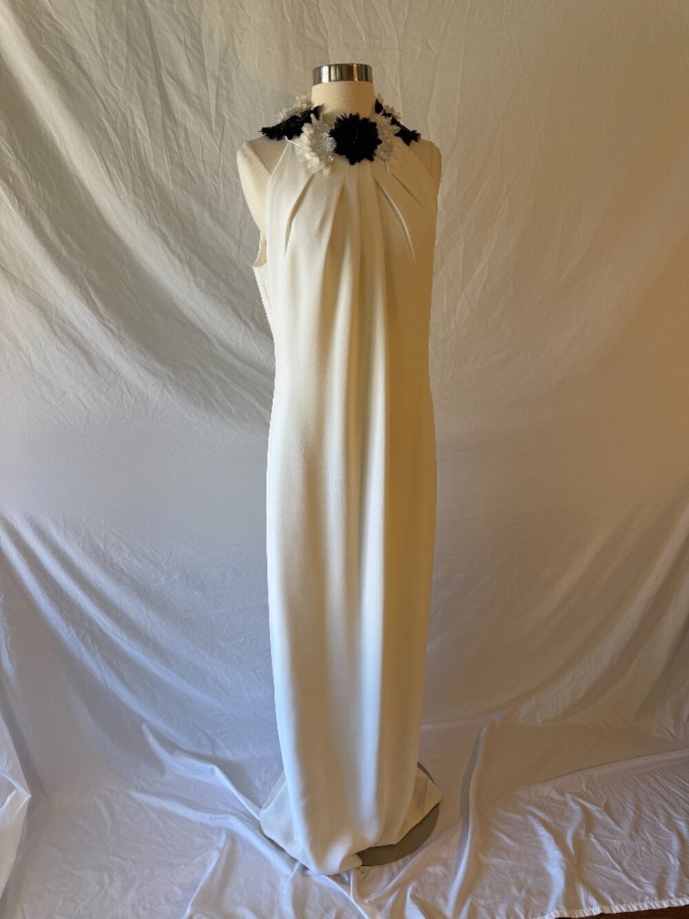 Long White Dress with Black and White Floral Neckline